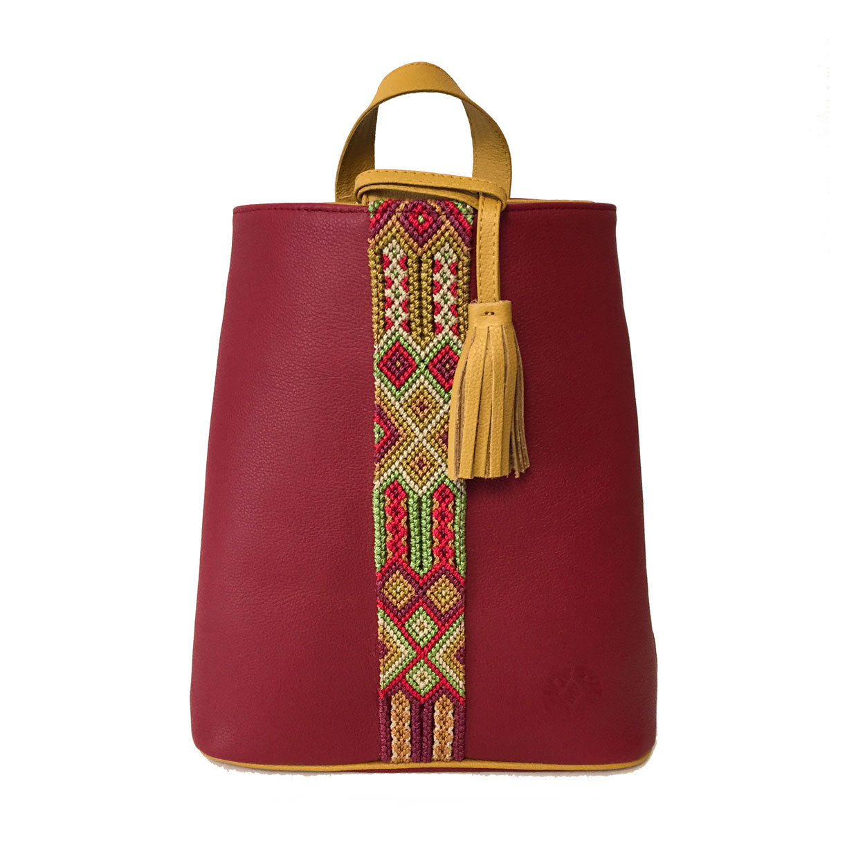Mochila Backpack de piel para mujer color rojo con cinta artesanal Chiapaneca