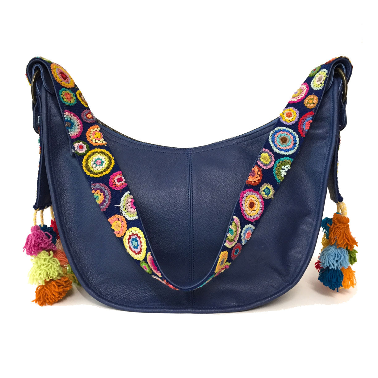 Bolsa de piel amplia para mujer de asa larga crossbody con cierre y artesanía de bordados peruanos color azul