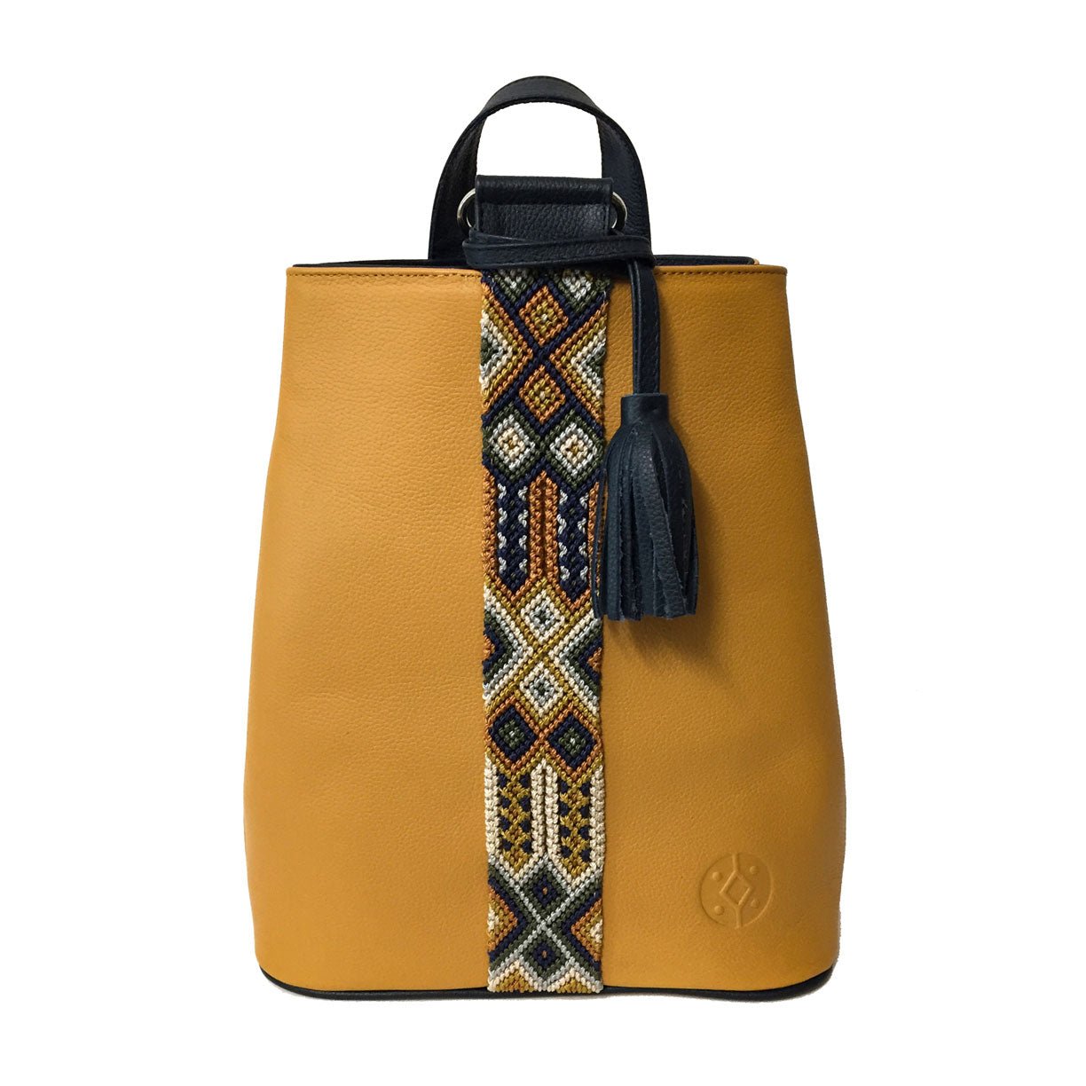 Mochila Backpack de piel para mujer color amarillo con cinta artesanal Chiapaneca