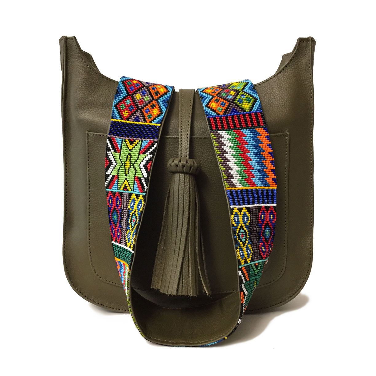 Bolsa para viaje de piel para mujer con cierre estilo bandolera con asa intercambiable de artesanía de chaquira color verde militar