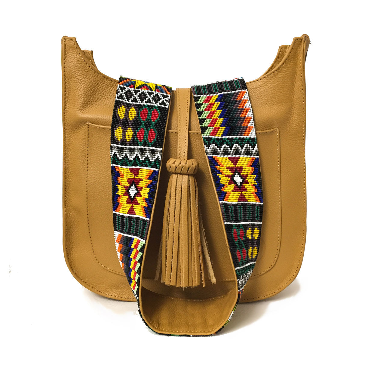 Bolsa para viaje de piel para mujer con cierre estilo bandolera con asa intercambiable de artesanía de chaquira color amarillo
