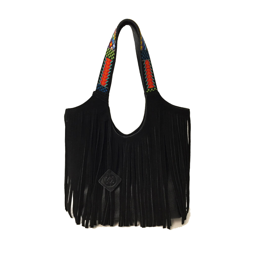 Bolsa al hombro con barbas de piel para mujer con asa de artesanía de chaquira color negro