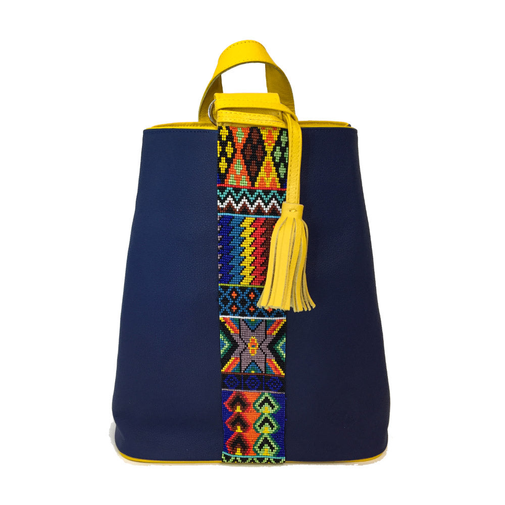 Mochila Backpack de piel para mujer color azul con cinta artesanal de chaquira