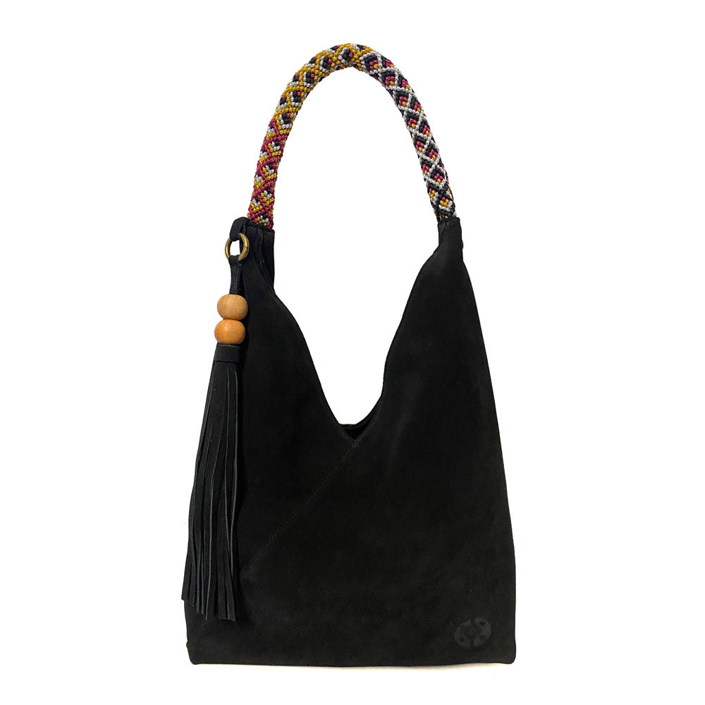 Bolsa de hombro ligera para dama de gamuza color negro con asa artesanal chiapaneca
