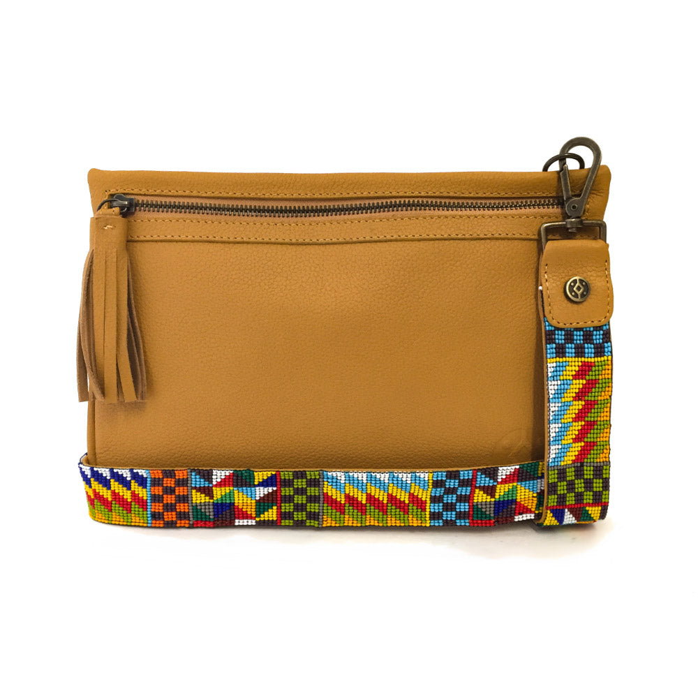 Bolsa Clutch para mujer de asa larga intercambiable artesanal de chaquira color amarillo