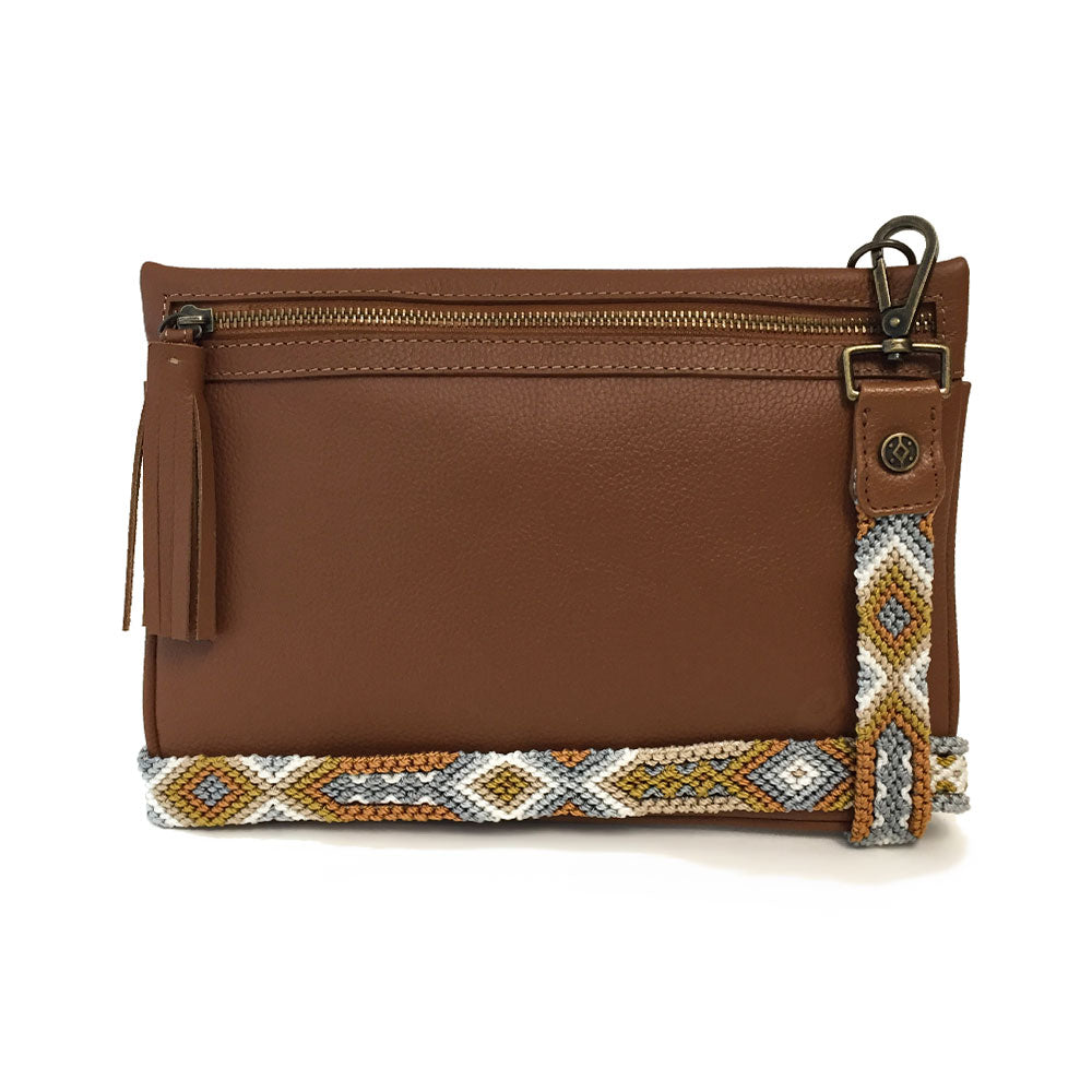 Bolsa Clutch para mujer de asa larga intercambiable artesanal de Chiapas color camello