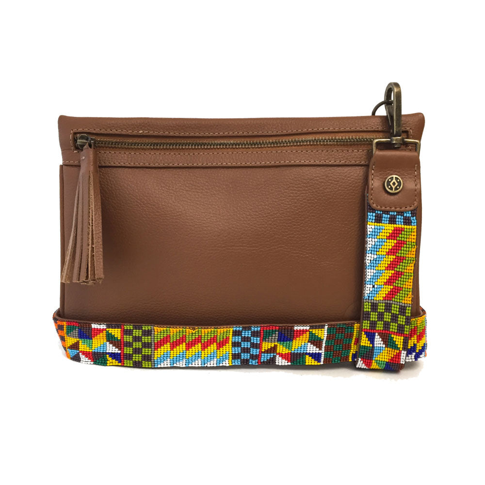 Bolsa Clutch para mujer de asa larga intercambiable artesanal de chaquira color café