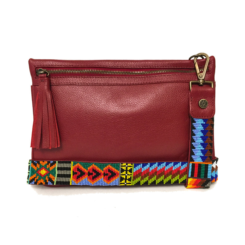 Bolsa Clutch para mujer de asa larga intercambiable artesanal de chaquira color rojo