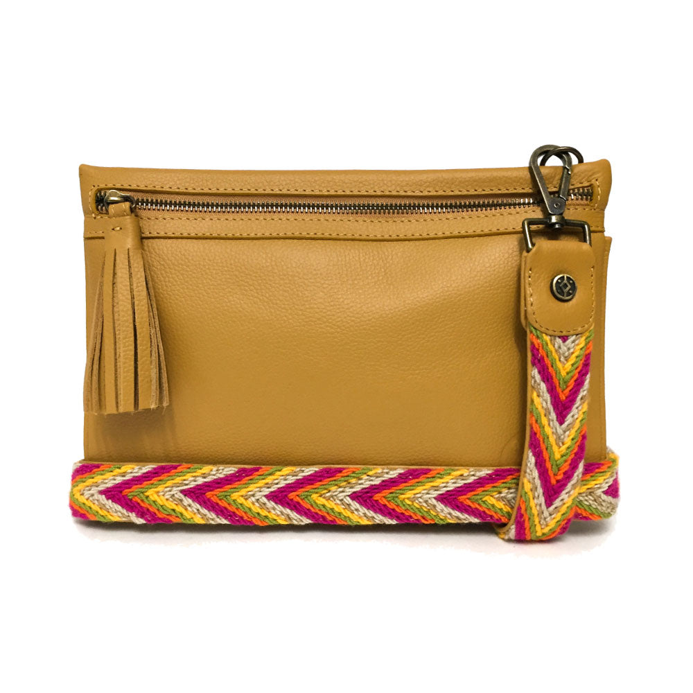 Bolsa Clutch para mujer de asa larga intercambiable de artesanía wayuu color amarillo