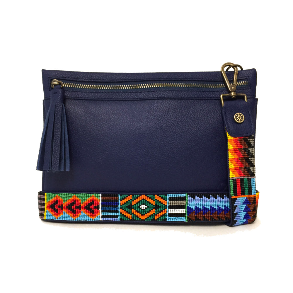 Bolsa Clutch para mujer de asa larga intercambiable artesanal de chaquira color azul