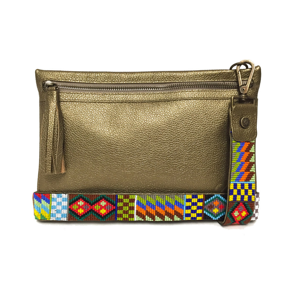 Bolsa Clutch para mujer de asa larga intercambiable artesanal de chaquira color bronce