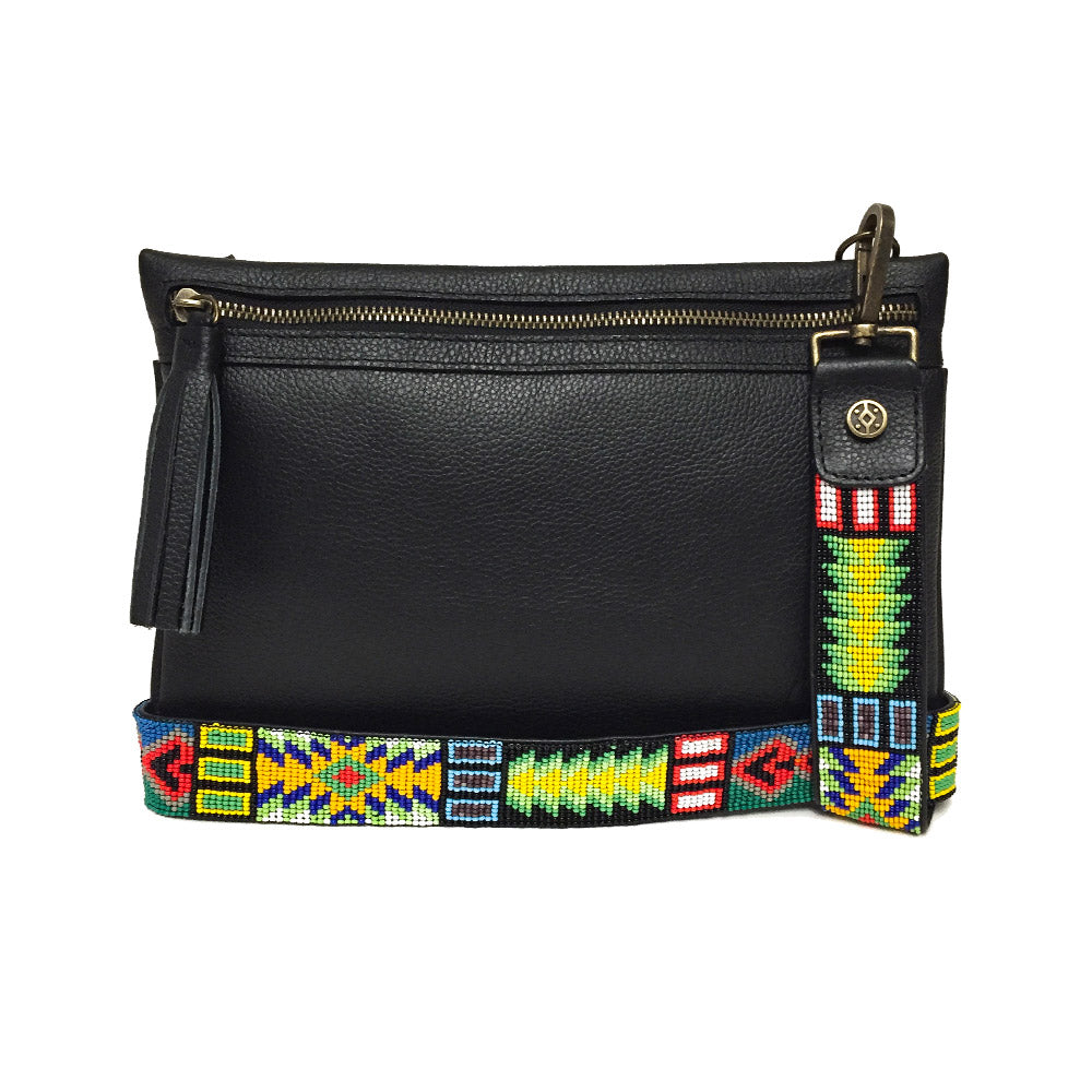 Bolsa Clutch para mujer de asa larga intercambiable artesanal de chaquira color negro