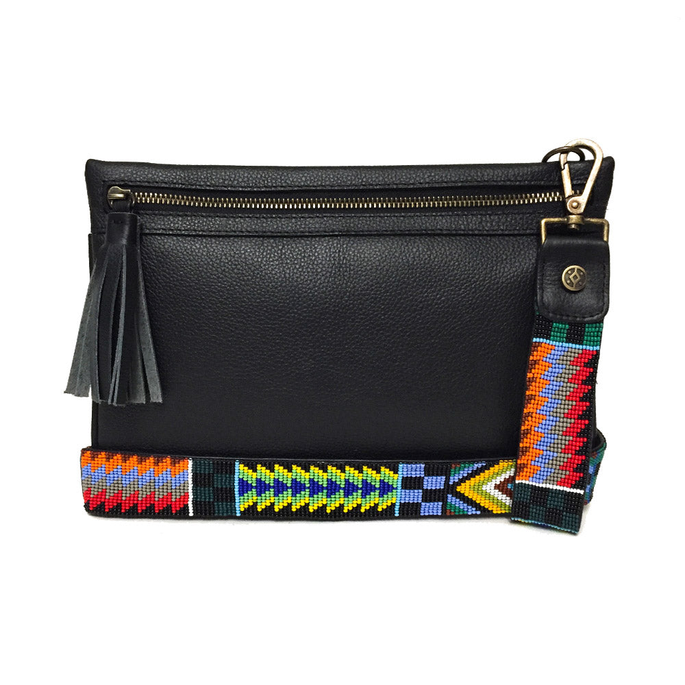 Bolsa Clutch para mujer de asa larga intercambiable artesanal de chaquira color negro