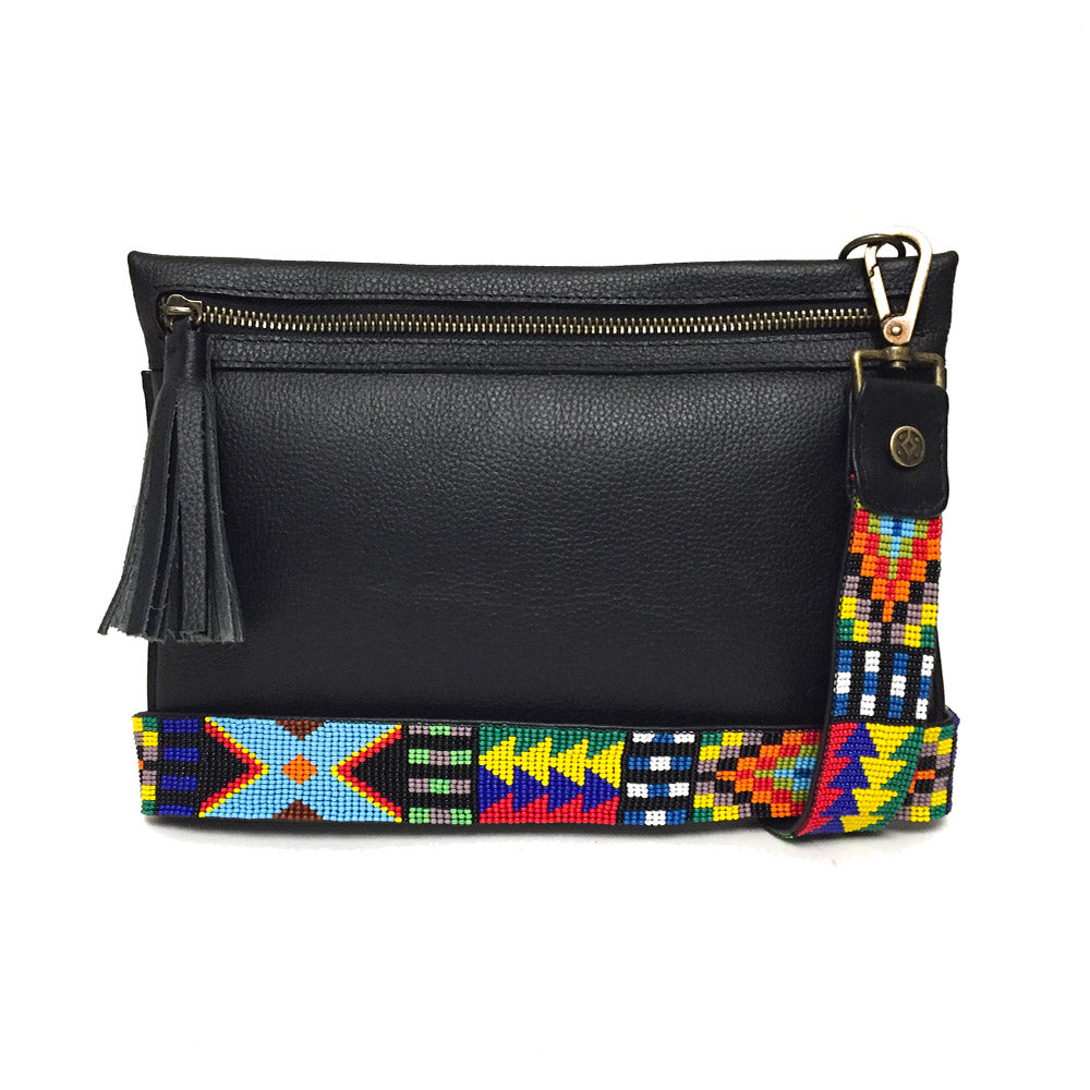 Bolsa Clutch para mujer de asa larga intercambiable artesanal de chaquira color negro