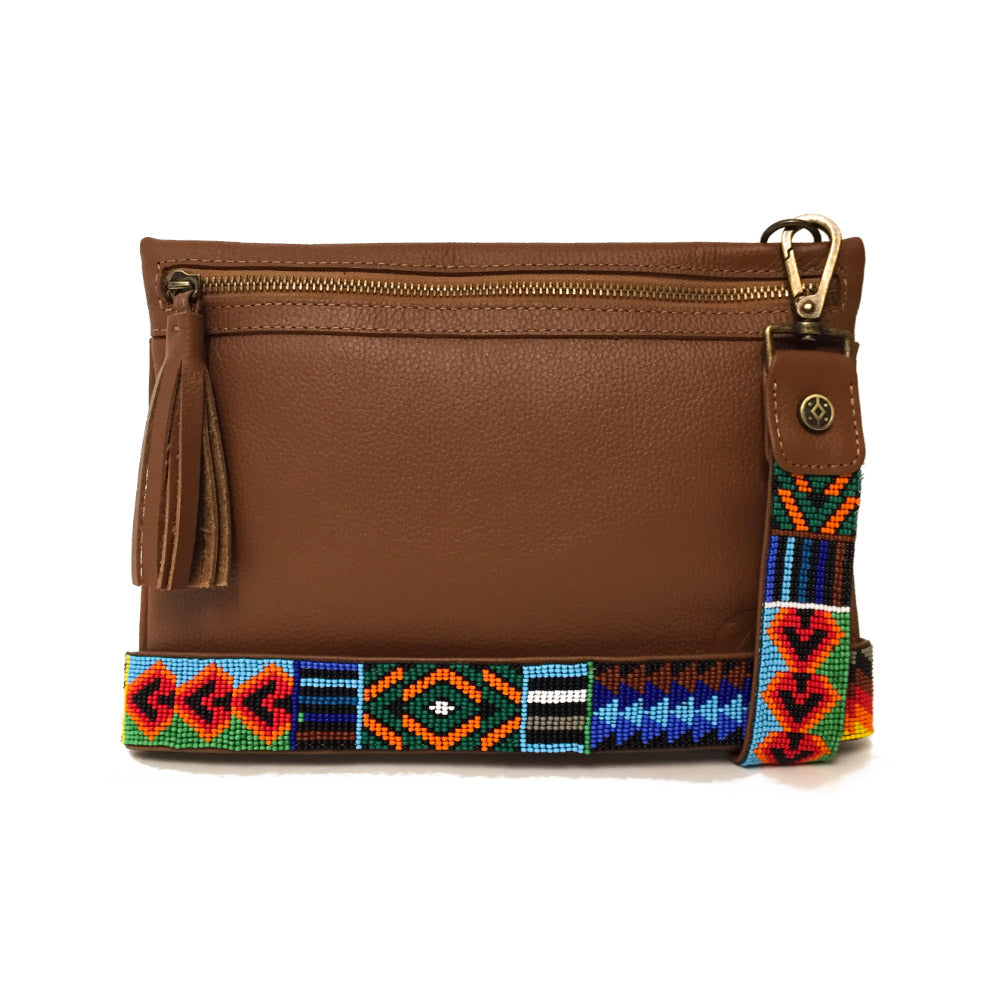 Bolsa Clutch para mujer de asa larga intercambiable artesanal de chaquira color café