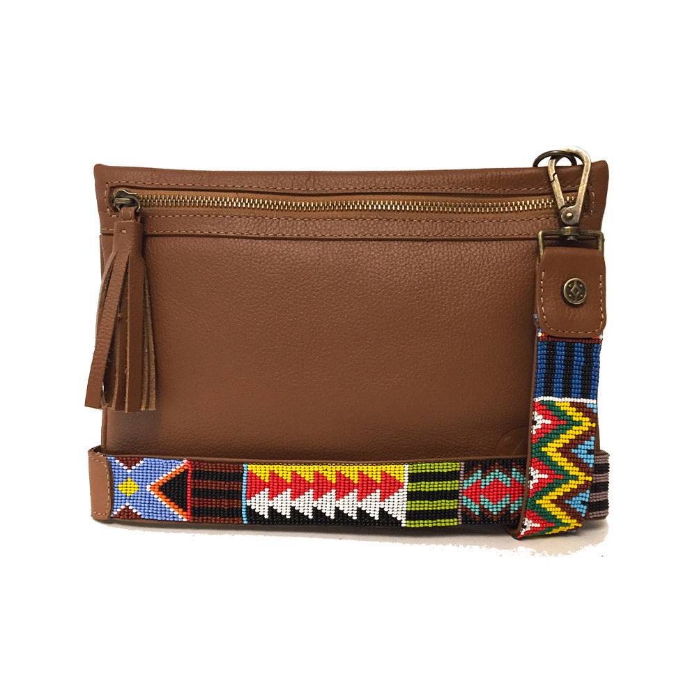 Bolsa Clutch para mujer de asa larga intercambiable artesanal de chaquira color café
