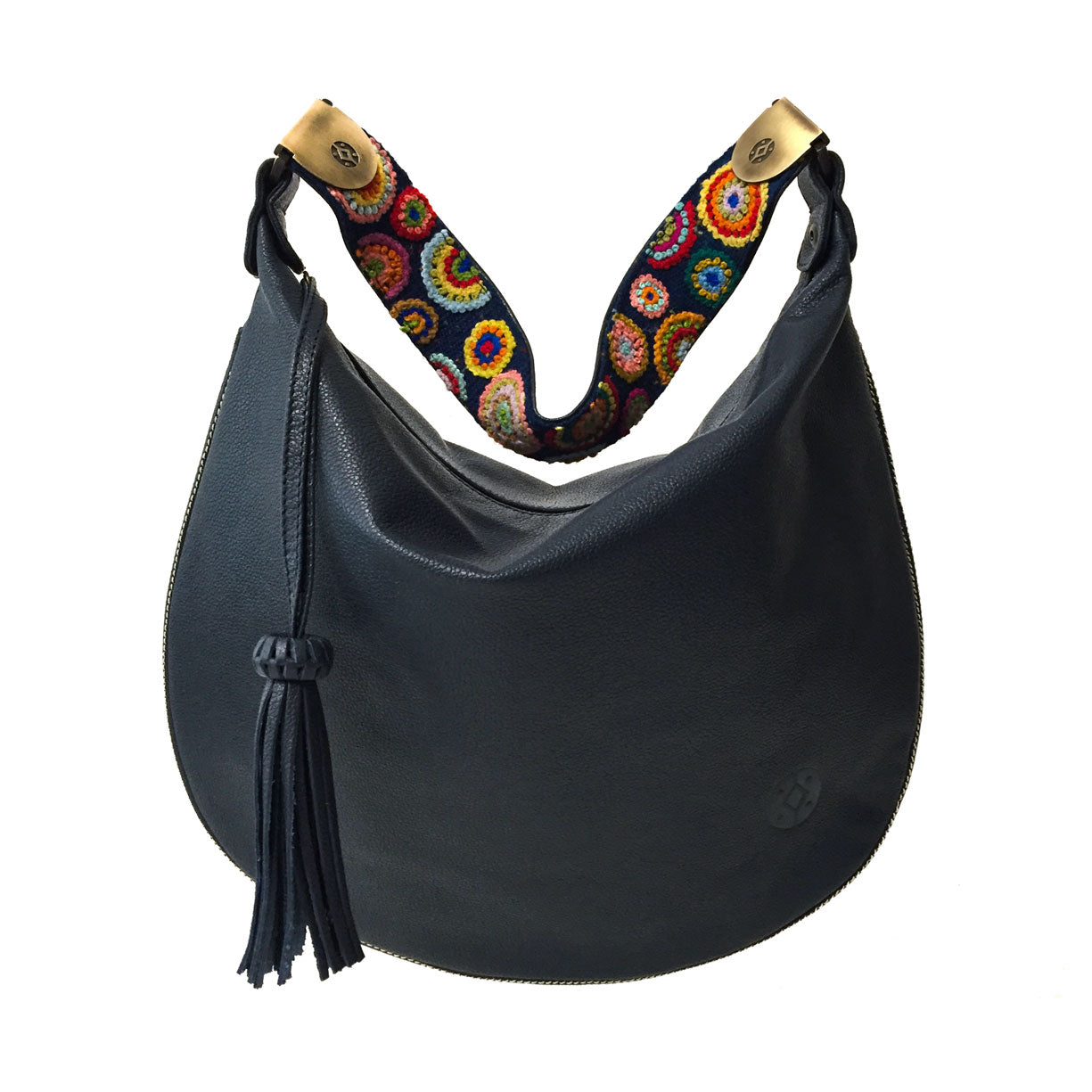 Bolsa de piel al hombro para mujer con cierre con asa de artesanía peruana color azul marino