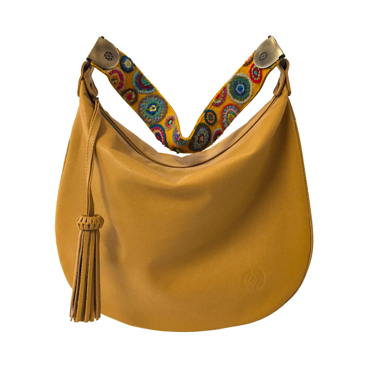 Bolsa de piel al hombro para mujer con cierre con asa de artesanía peruana color amarillo