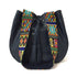 Bolsa morral de piel para mujer color azul marino con tejido artesanal de chaquira