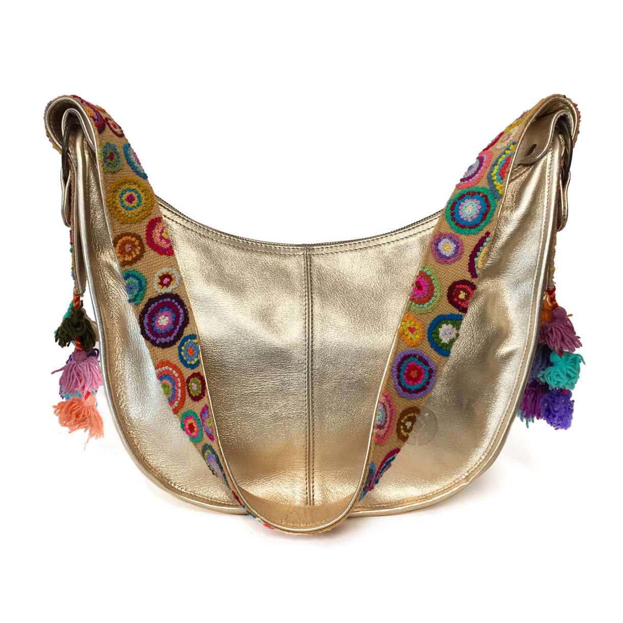 Bolsa de piel amplia para mujer de asa larga crossbody con cierre y artesanía de bordados peruanos color dorado