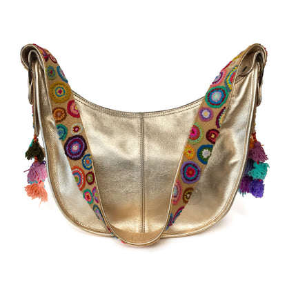 Bolsa de piel amplia para mujer de asa larga crossbody con cierre y artesanía de bordados peruanos color dorado