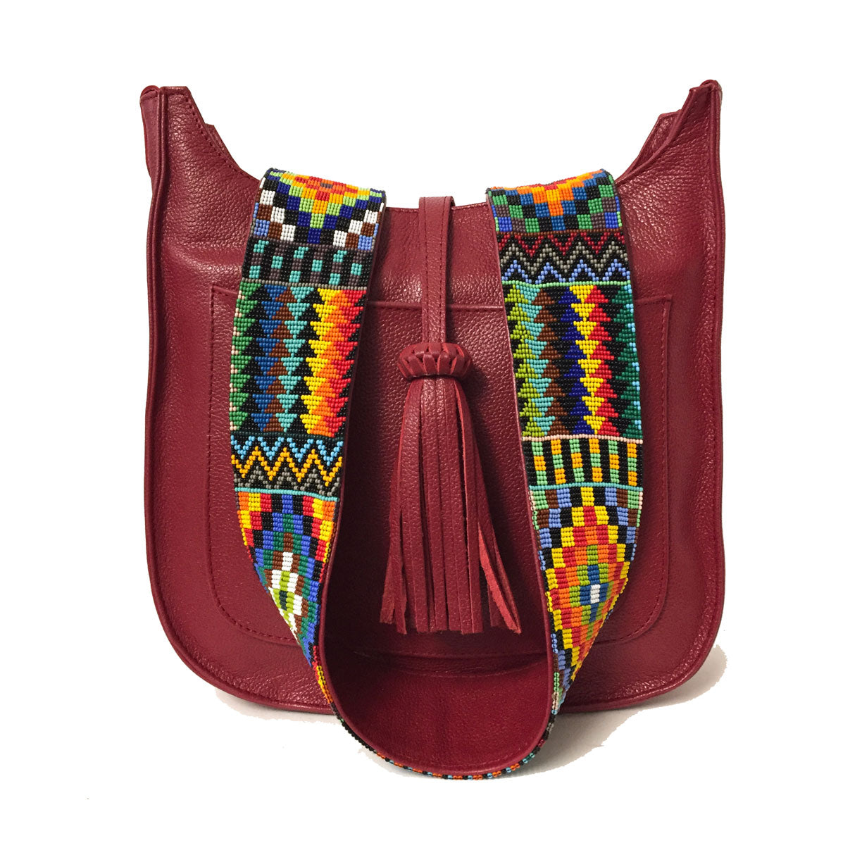 Bolsa para viaje de piel para mujer con cierre estilo bandolera  con asa intercambiable de artesanía de chaquira color rojo