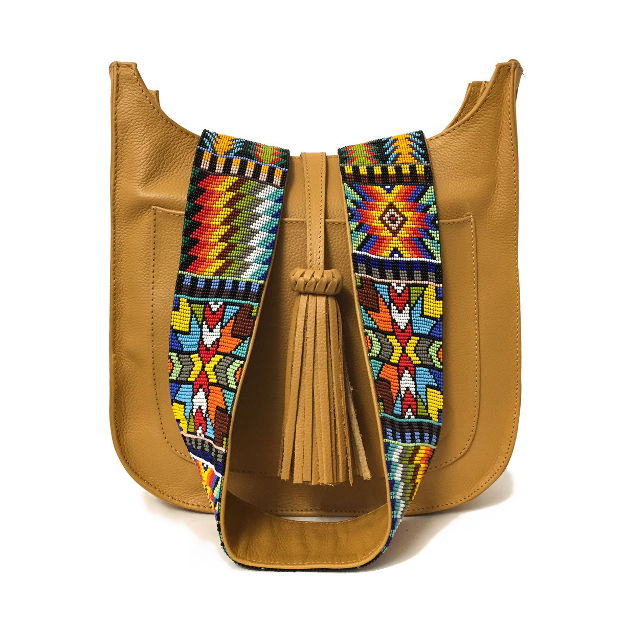 Bolsa para viaje de piel para mujer con cierre estilo bandolera  con asa intercambiable de artesanía de chaquira color amarillo