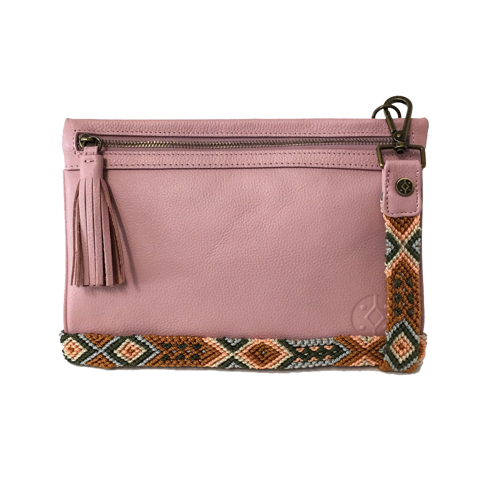 Bolsa Clutch para mujer de asa larga intercambiable artesanal de Chiapas color rosa