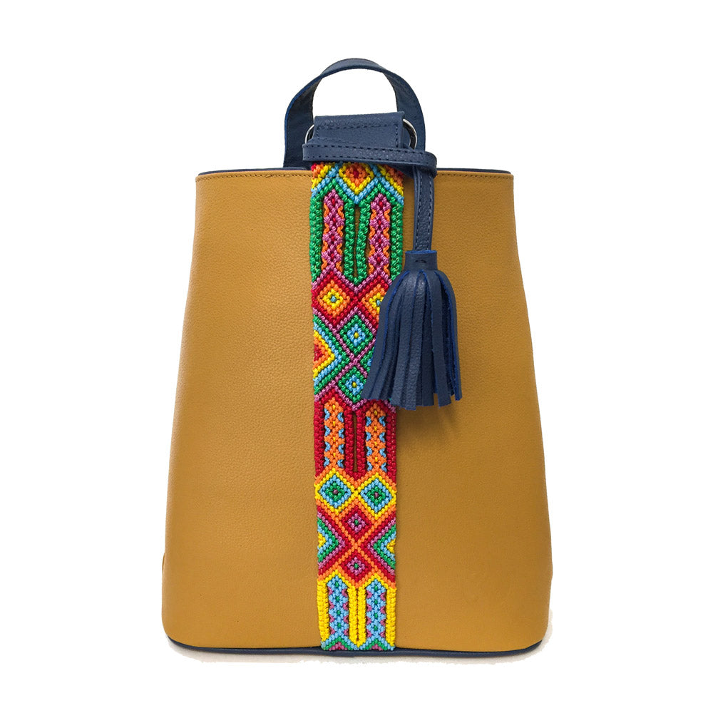 Mochila Backpack de piel para mujer color con amarillo cinta artesanal Chiapaneca