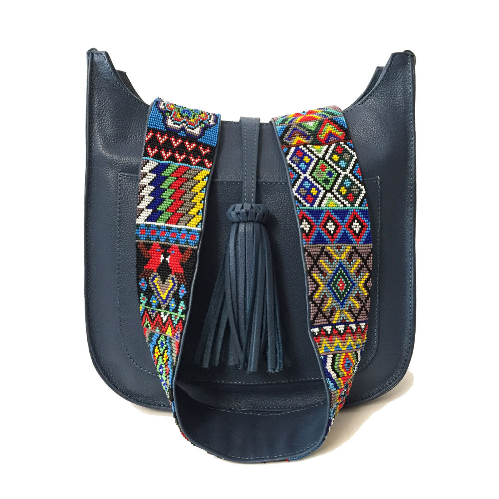 Bolsa para viaje de piel para mujer con cierre estilo bandolera  con asa intercambiable de artesanía de chaquira color azul