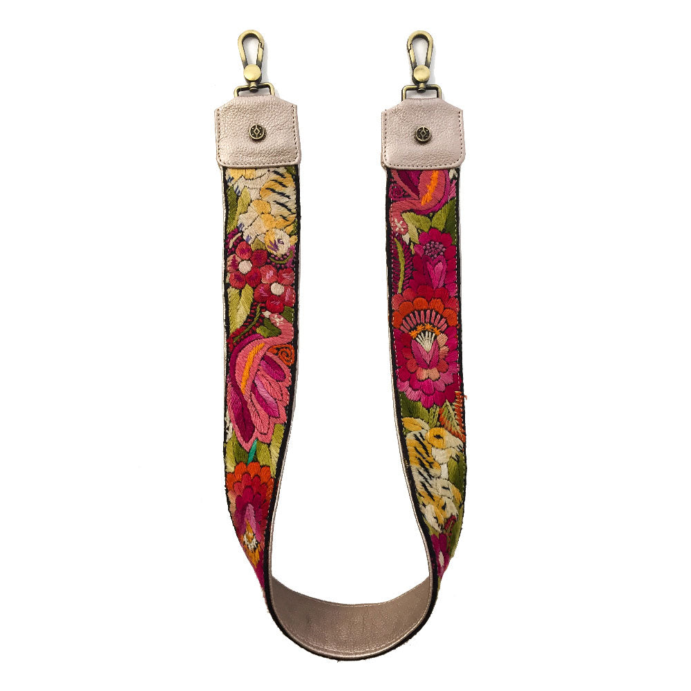 Asa intercambiable para bolsa color rosa metálico con cinta artesanal maya bordada de flores