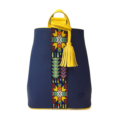 Mochila Backpack de piel para mujer color azul con cinta artesanal de chaquira