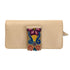 Cartera de piel para dama color crudo con cierre y látigo de imán con cinta artesanal de Chiapas
