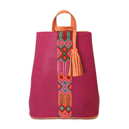 Mochila Backpack de piel para mujer color rosa mexicano con cinta artesanal Chiapaneca