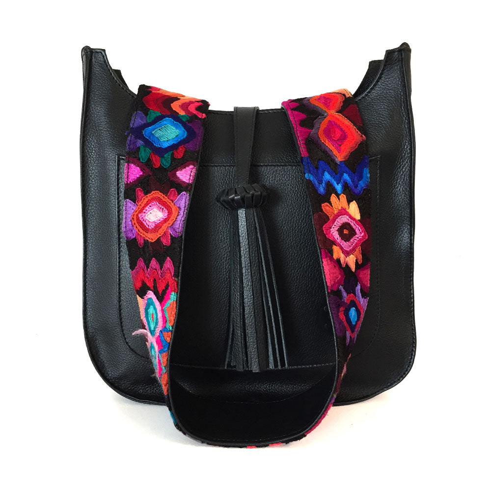 Bolsa para viaje de piel para mujer con cierre estilo bandolera  con asa intercambiable de artesanía maya bordada color negro