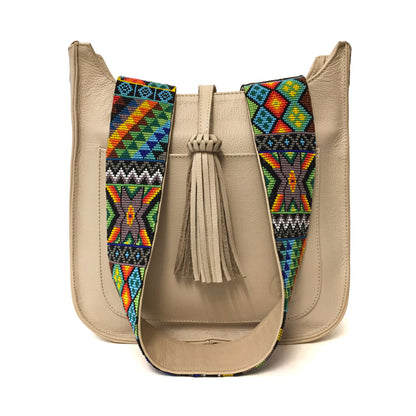 Bolsa para viaje de piel para mujer con cierre estilo bandolera  con asa intercambiable de artesanía de chaquira color hueso