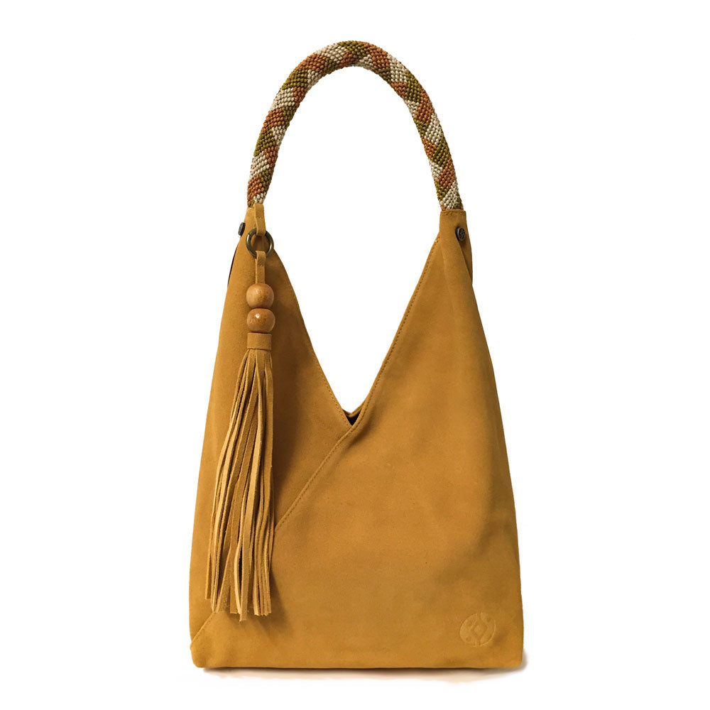 Bolsa de hombro ligera  para dama de gamuza color amarillo con asa artesanal chiapaneca 