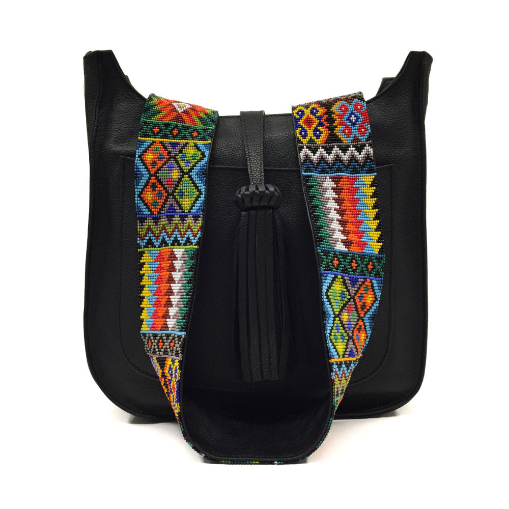 Bolsa para viaje de piel para mujer con cierre estilo bandolera  con asa intercambiable de artesanía de chaquira color negro