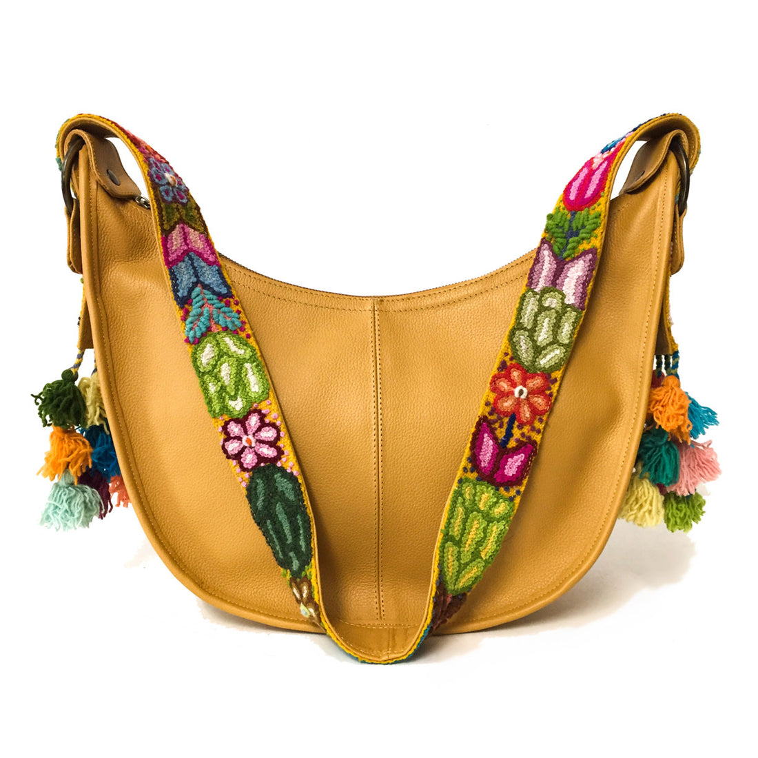 Bolsa de piel amplia para mujer de asa larga crossbody con cierre y artesanía de bordados peruanos color amarillo