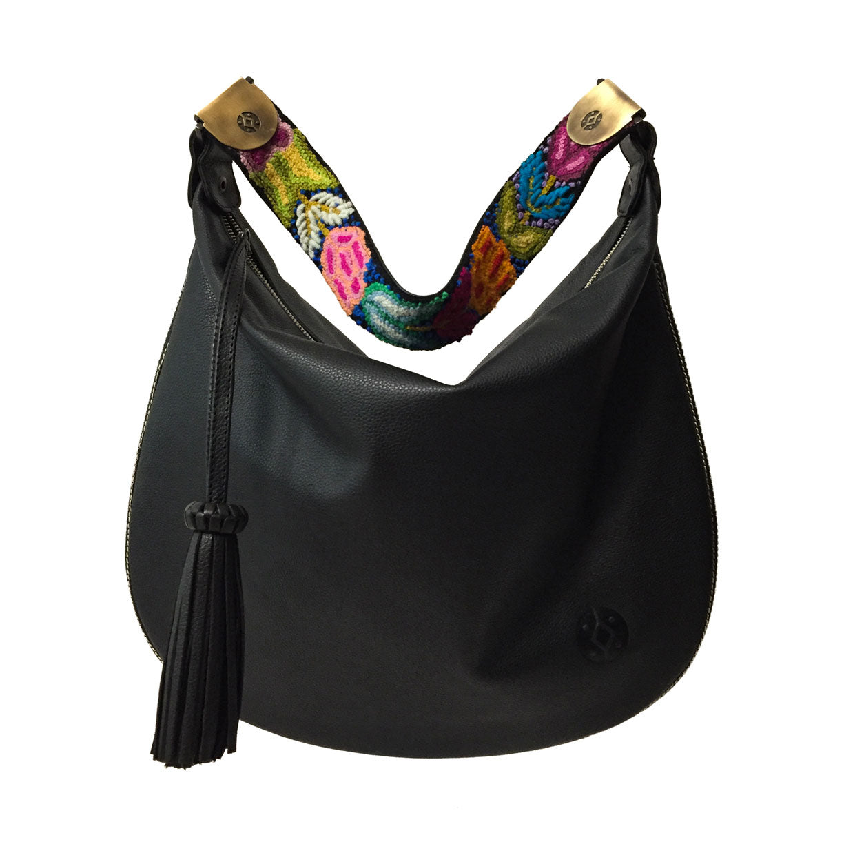 Bolsa de piel al hombro para mujer con cierre con asa de artesanía peruana color negro